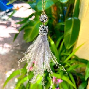 Grey Jeweled, Feathered Necklace with a 17” Gold, adjustable chain.